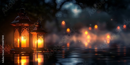 Traditional lanterns casting a warm glow on a quaint garden path at dusk © sopiangraphics