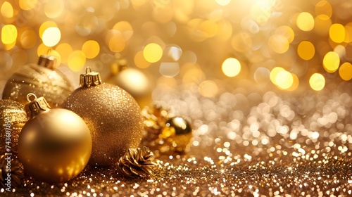 golden christmas baubles on bokeh background, detailed ornaments with warm glow 