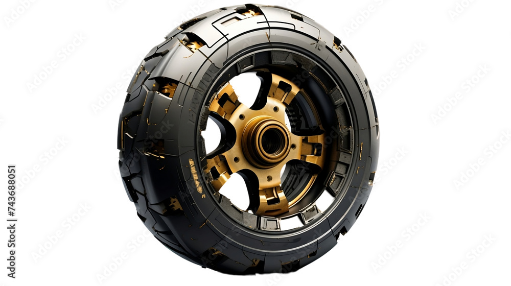 Damaged Robotic Wheel, Dented and Scratched Component Realistic, Isolated On Transparent Background