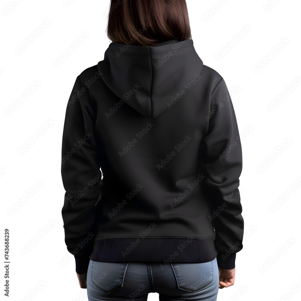Woman in black hoodie and jeans on dark background. Mock up