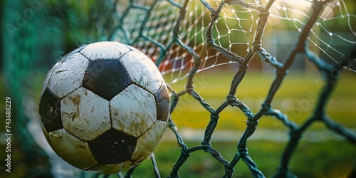 Soccer ball netting goal, moment of triumph, sports achievement, sunlight flare © sopiangraphics