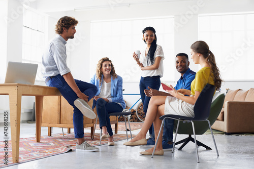 Business team, planning and listen to discussion for blog, brainstorm and strategy for articles. Diverse, colleagues and journalists for career, startup and happy at creative publishing agency