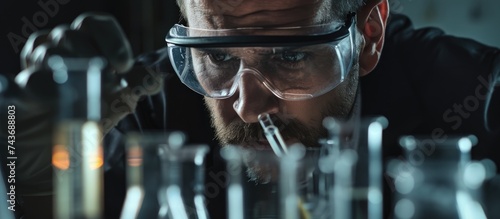 Investigator examining tubes, man wearing goggles.