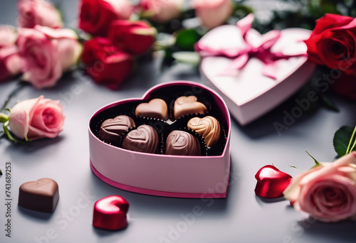 Luxury valentine chocolates in heart shaped gift box and tender roses copy space