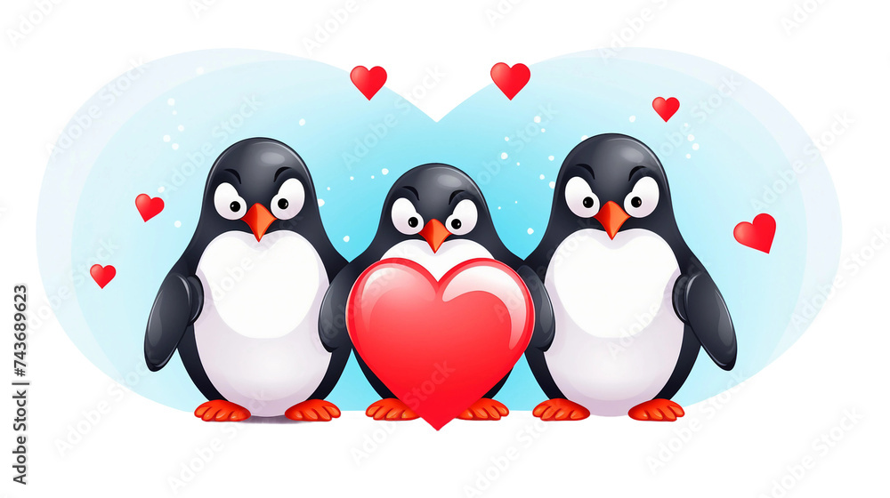 Fototapeta premium Celebrate Love and Joy with Cartoon Penguins Holding Red Hearts - Vector Illustration for Valentine's Day, Perfect for Greeting Cards and Romantic Holiday Decorations on a Transparent Background