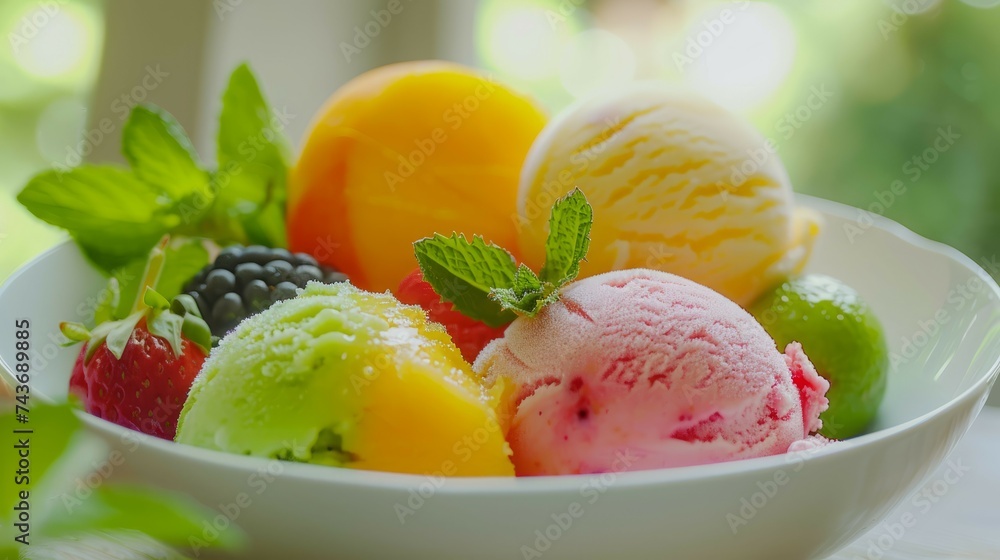 Colorful scoops of fruit ice cream with fresh berries and mint on a bright day. Colorful scoops of fruit ice cream with fresh berries and mint on a bright day.
