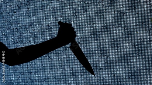 Silhouette against digital television screen. Thriller scene woman hand holding knife and stabbing it against digital screen with noise.