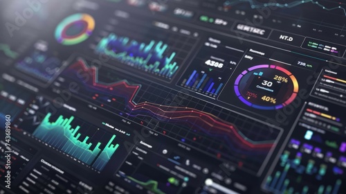 Close-up view of a modern data analytics dashboard with vibrant charts and graphs.