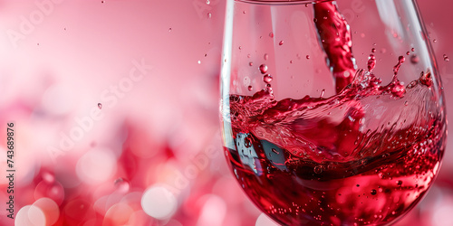 A glass of red wine in close-up on a pink background. Splashes of wine, pouring wine. Ai generated.