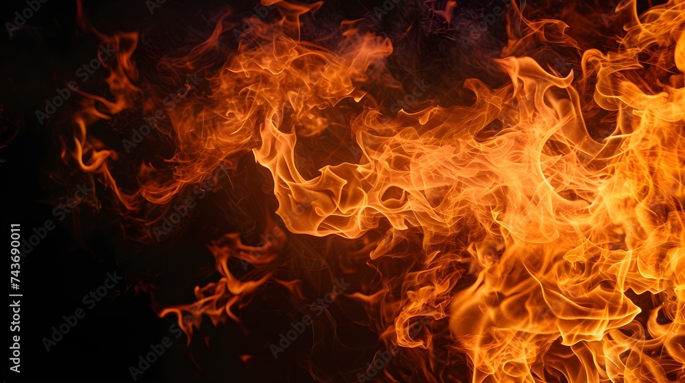 closeup of fire flames, isolated on black background, high-resolution, heat, energy, texture