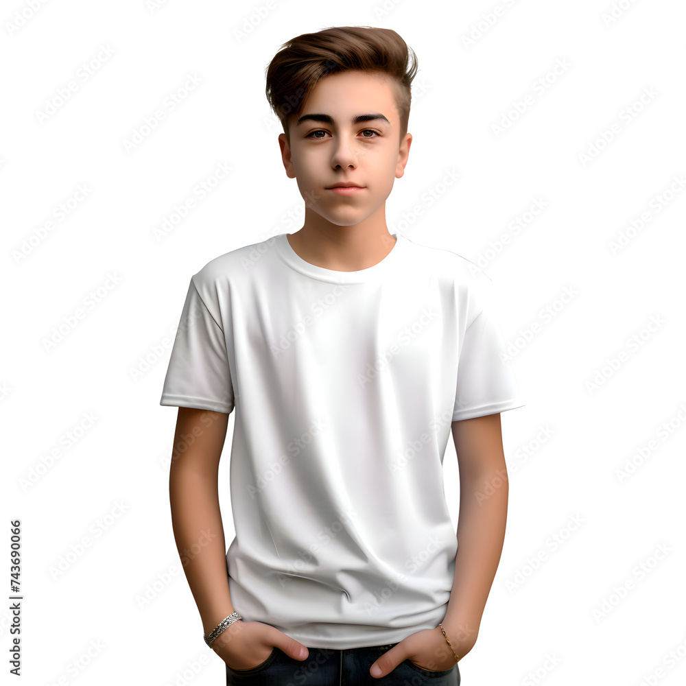3D rendering of a teenager boy with a blank white t shirt isolated on white background