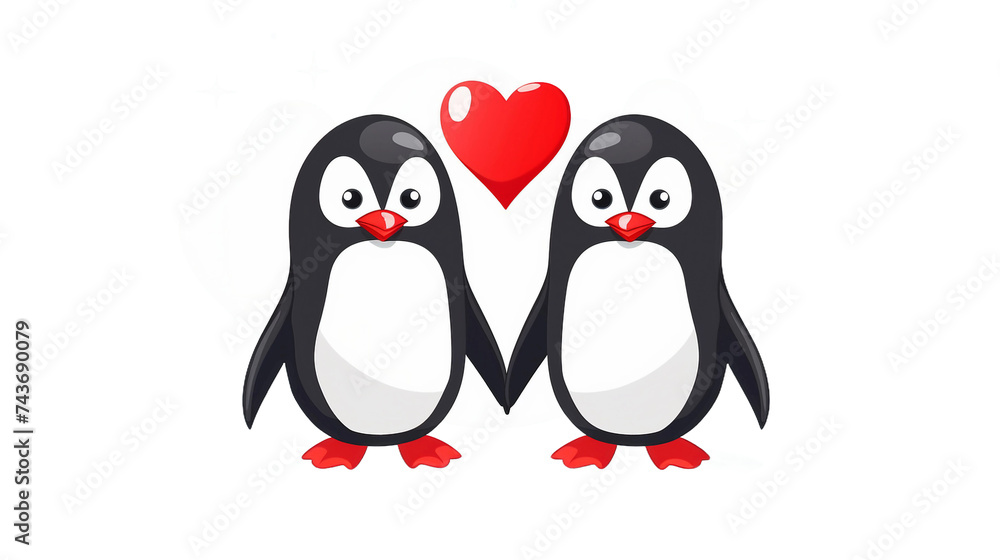 Obraz premium Celebrate Love and Joy with Cartoon Penguins Holding Red Hearts - Vector Illustration for Valentine's Day, Perfect for Greeting Cards and Romantic Holiday Decorations on a Transparent Background
