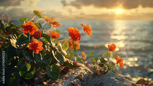 Nasturtium by the coast, using cinematic framing to create a radiant scene that highlights the natural colors in a coastal setting.
