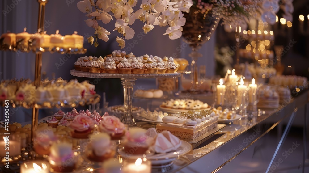 An elegant dessert table beautifully arranged at a social event, enhanced by warm, ambient lighting.