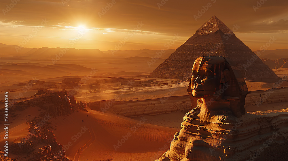 background photo of a view of the pyramid mountain and the sphinx statue in the Central East desert