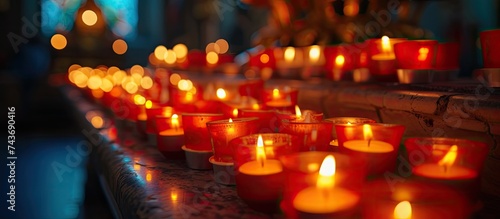 A row of lit candles sits atop a table as part of a vigil held at a Catholic church.