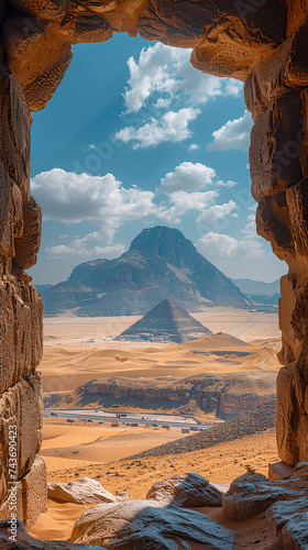 background photo of a view of the pyramid mountain and the sphinx statue in the Central East desert photo