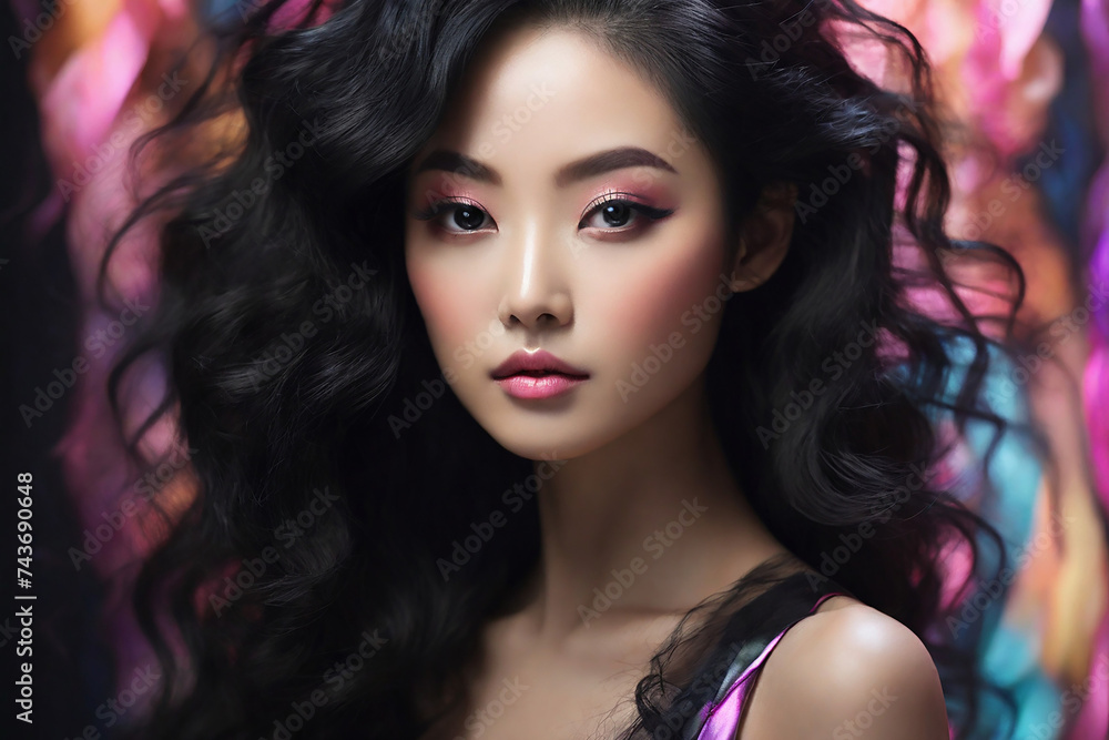 Beautiful asian woman with long curly hair and bright makeup.