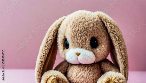 Beautiful wool bunny, plush toy. Pink background.