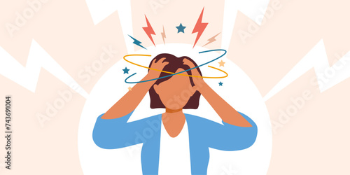 Depression or panic attack on woman concept. Stress, irritation factors, housekeeping, overwork. Stressed woman with her hands on the head