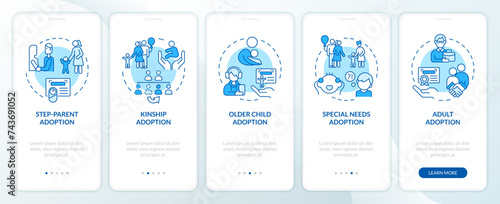 Adoption options blue onboarding mobile app screen. Child custody walkthrough 5 steps editable graphic instructions with linear concepts. UI, UX, GUI template. Myriad Pro-Bold, Regular fonts used photo