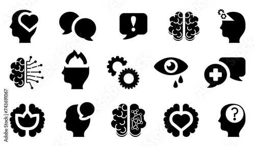 Set of black mental or psychology icons. Mental health icons. Anxiety, stress, psychology, brain icons