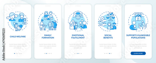 Benefits of adoption blue onboarding mobile app screen. Reasons walkthrough 5 steps editable graphic instructions with linear concepts. UI, UX, GUI template. Myriad Pro-Bold, Regular fonts used