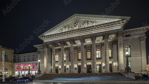 Munich National Theatre on the Max Joseph square night timelapse hyperlapse. Germany