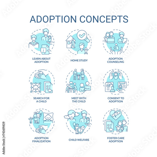 Adoption soft blue concept icons. Legal process steps. Becoming parents. How to adopt child. Parental right transfer. Icon pack. Vector images. Round shape illustrations. Abstract idea