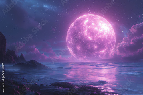 Sci-fi graphic design of a floating sphere of the planet Neptune, over the dark blue and violet iridescent skyline horizon