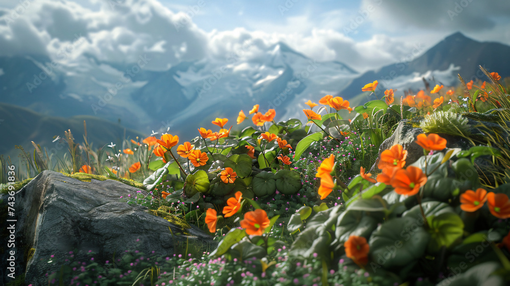 Nasturtium in an alpine landscape, using cinematic framing to convey the bliss and natural colors of high-altitude blooms.