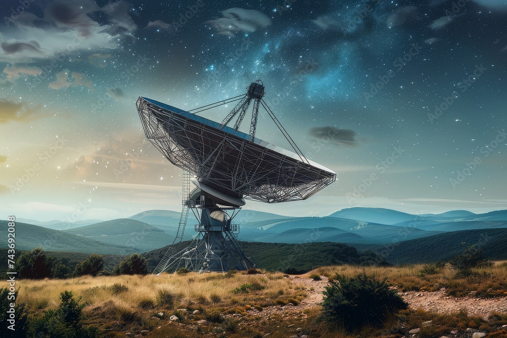 A large radio telescope dish under a starry night sky, symbolizing exploration and discovery. A large radio telescope dish under a starry night sky, symbolizing exploration and discovery.