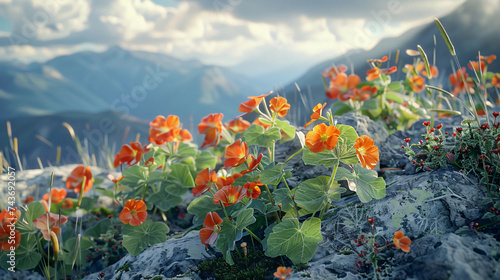 Nasturtium in an alpine landscape, using cinematic framing to convey the bliss and natural colors of high-altitude blooms. © Possibility Pages