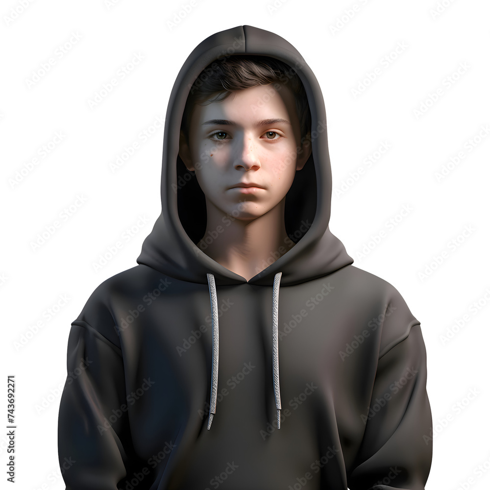3D digital render of a teenager in a hoodie isolated on white background
