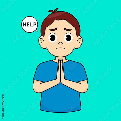 Sad boy holds his palms in a prayer gesture, says Please help me