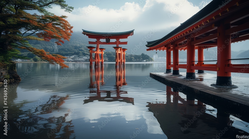 A majestic torii gate stands over calm waters with autumn foliage. A majestic torii gate stands over calm waters with autumn foliage.