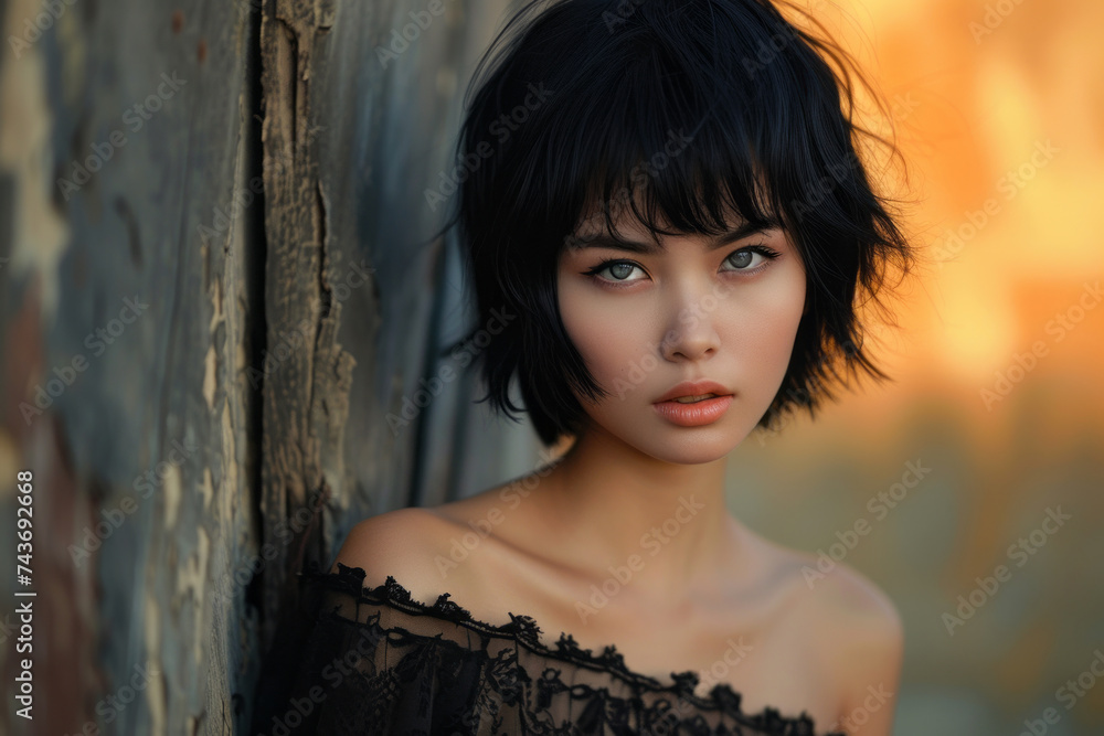 Fototapeta premium Expressive Asian girl with short black hair style, photograph, vivid color, portrait