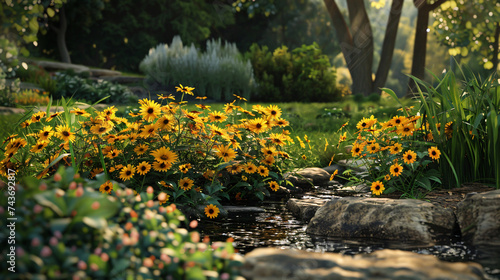 Black-eyed Susan creating an oasis in a backyard, employing cinematic framing to emphasize the natural colors and create a tranquil scene. 