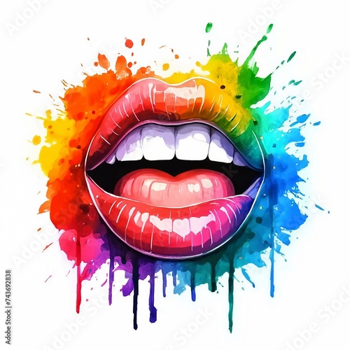 A vibrant and colorful artwork showcasing a close-up representation of a woman's mouth.