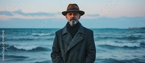 A man dressed in a coat and hat stands in front of the vast expanse of the ocean.