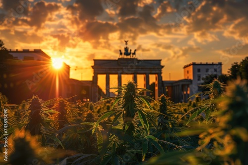Sun setting behind Brandenburger Tor in Berlin Germany with Cannabis plants in front symbolizing legalization
