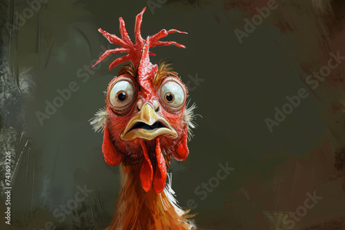 Humorous and exaggerated chicken caricature, fun twist on pet portrait photo