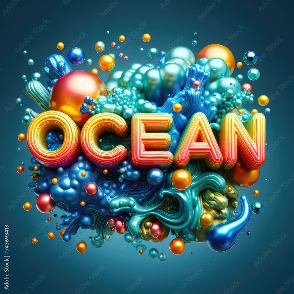 Ocean text design. Colorful 3D liquid text composition with soft shapes.