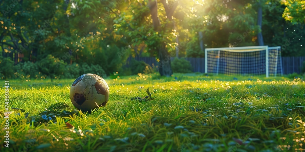 Sunlit soccer field with a single ball at the center, evoking a peaceful game day - obrazy, fototapety, plakaty 