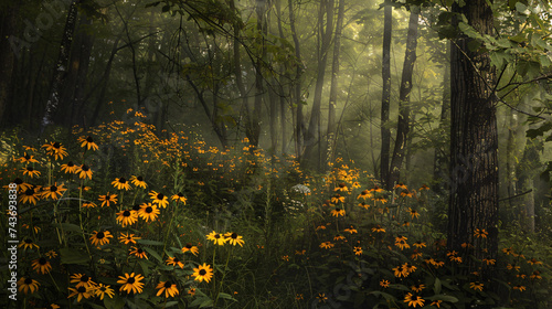 Black-eyed Susan creating an oasis in a backyard, employing cinematic framing to emphasize the natural colors and create a tranquil scene.  photo