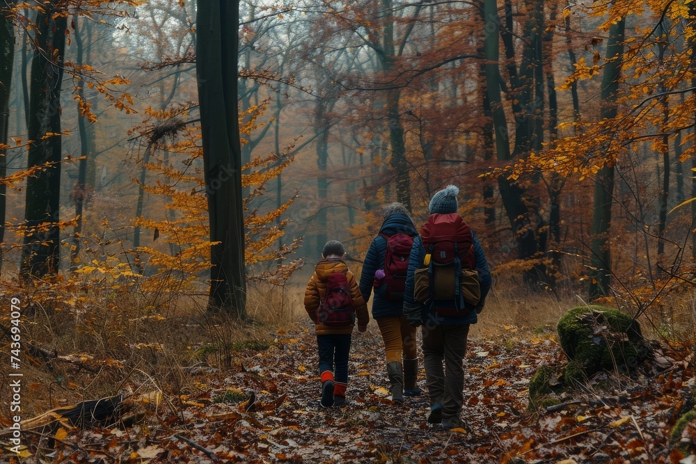 Fototapeta premium Back view of a family with backpacks hiking through an autumnal forest on a trail.