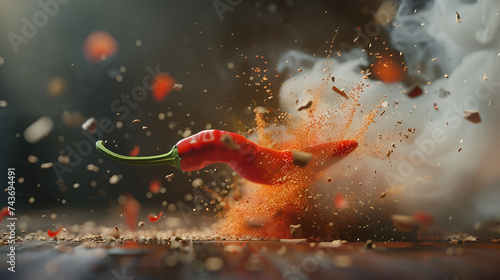 Red hot chili pepper with a smoke from it on a red background. Spicy and hot concept. Food, cooking or spicy hot design element or background with copy space photo
