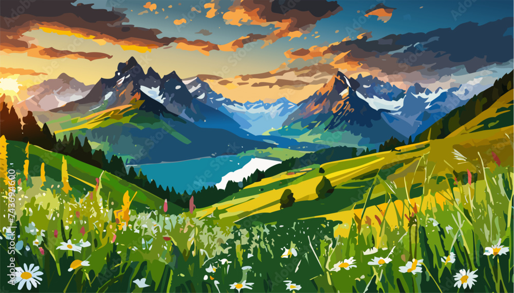 Alpine landscape with beautiful mountains and flowers, Ai generated - obrazy, fototapety, plakaty 