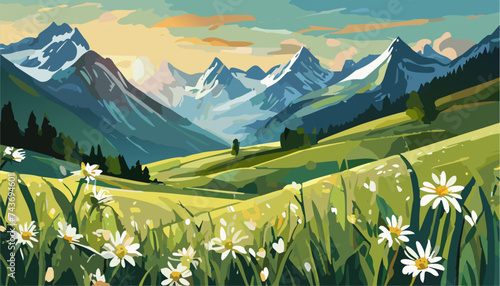 Alpine landscape with beautiful mountains and flowers, Ai generated