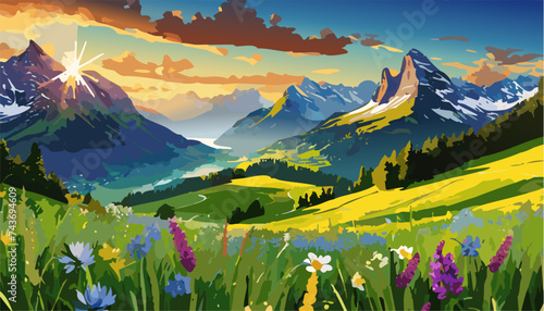 Alpine landscape with beautiful mountains and flowers, Ai generated